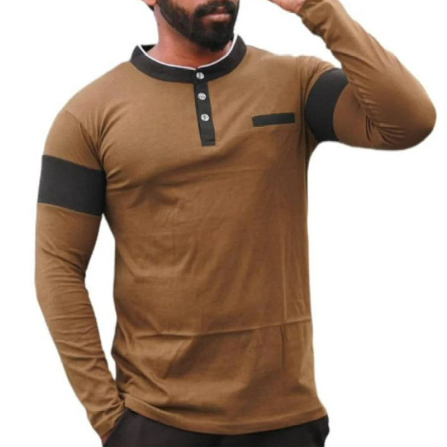 

Camiseta Masculina Vintage Colorida Com Bolso E Gola Henley Manga Longa