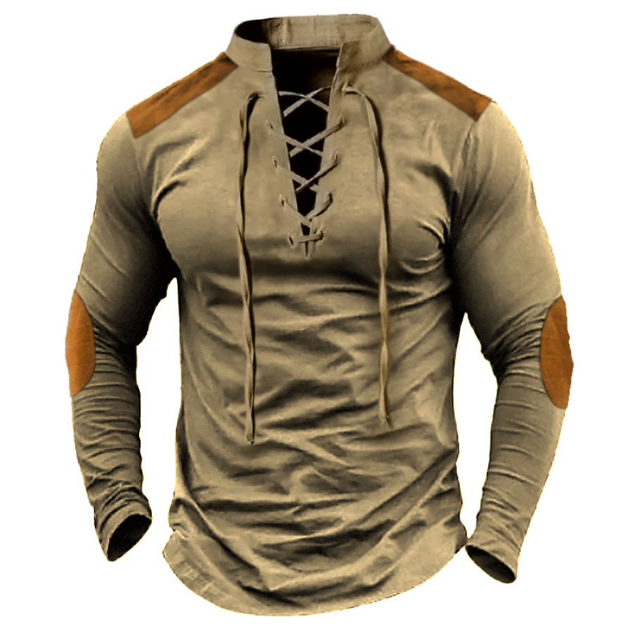 

Men's Tie-up T-shirt Retro Color Matching Long-sleeved Training Stand-up Collar Khaki