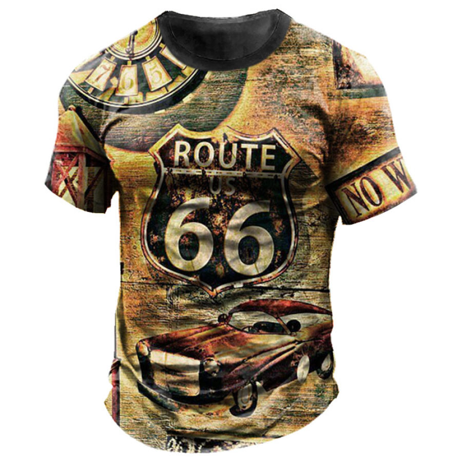 

T-shirt Da Uomo Route 66 Car Print Manica Corta Casual Per Tutti I Giorni