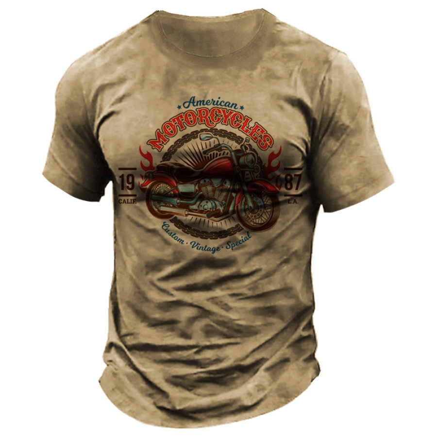 

Men's T-shirt Motorcycle Print Short Sleeve Daily Casual Tee Khaki