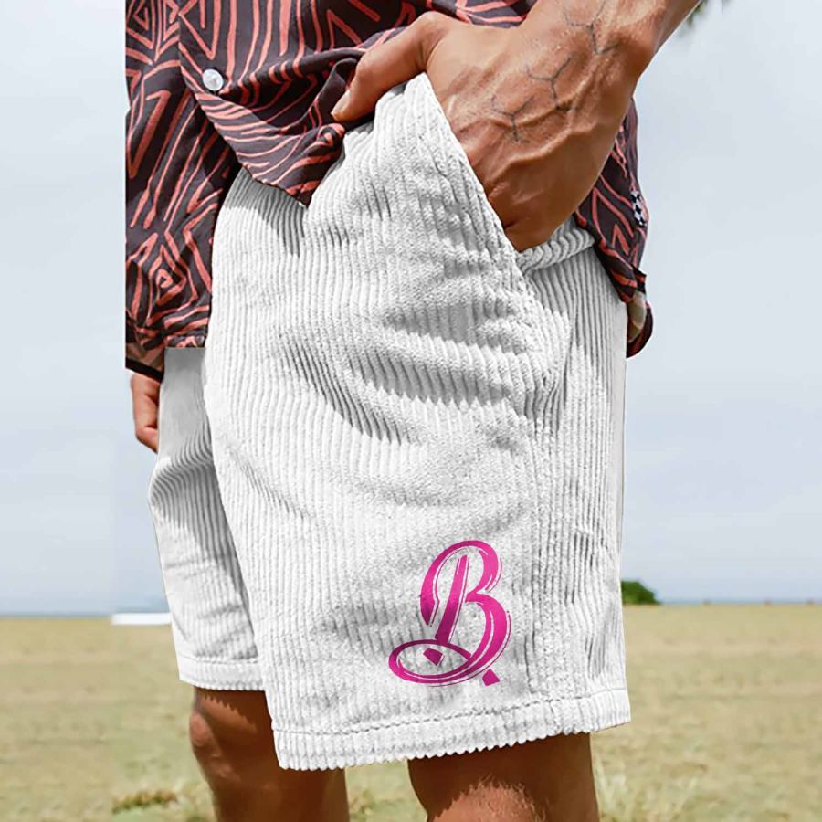 

Men's Surf Shorts Vintage Pink Barbie Corduroy Hawaiian Beach Summer Daily 9 Inch Walk Shorts Boardshorts White