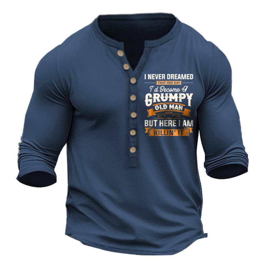

Мужская футболка Henley с длинным рукавом Vintage A Grumpy Old Man Повседневные топы Темно-синий