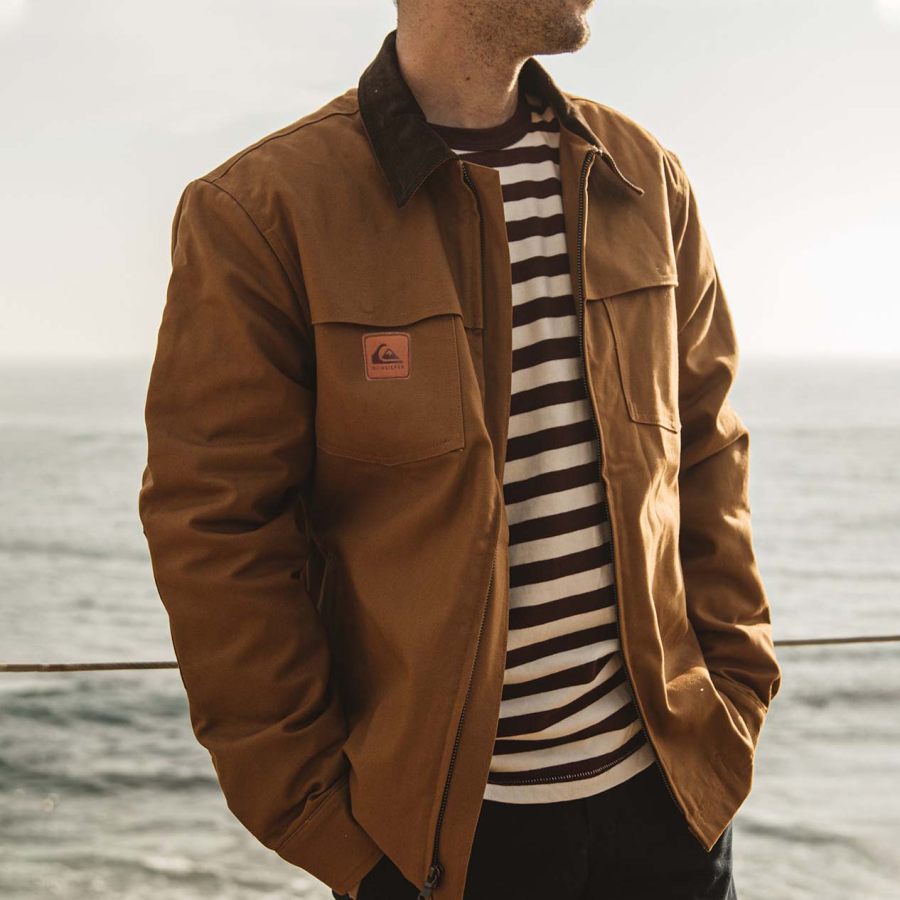 

Men's Jacket Canvas Full Zip Corduroy Collar Color Block Panel Outdoor Outerwear