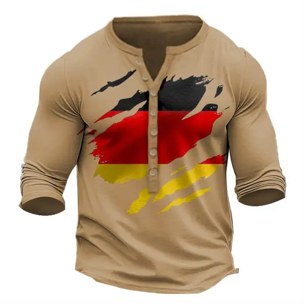 Men's T-Shirt Henley Long Sleeve Vintage German Flag Daily Tops Khaki - Kalesafe.com 
