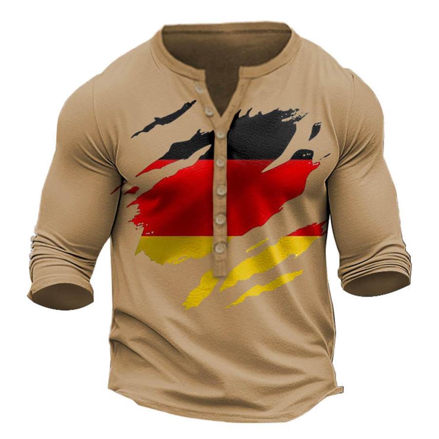 

Men's T-Shirt Henley Long Sleeve Vintage German Flag Daily Tops Khaki