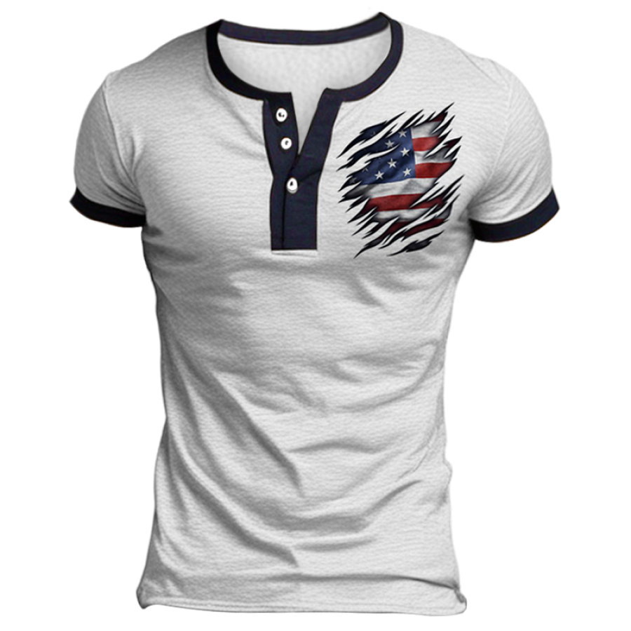 

T-shirt Da Uomo Henley Manica Corta Con Stampa Bandiera Americana Vintage A Blocchi Di Colore