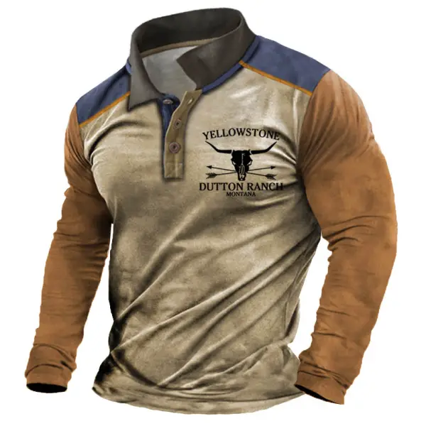 Men's T-Shirt Polo Long Sleeve Vintage Yellowstone Skull Bull Contrast Colorblock Daily Tops Khaki - Kalesafe.com 