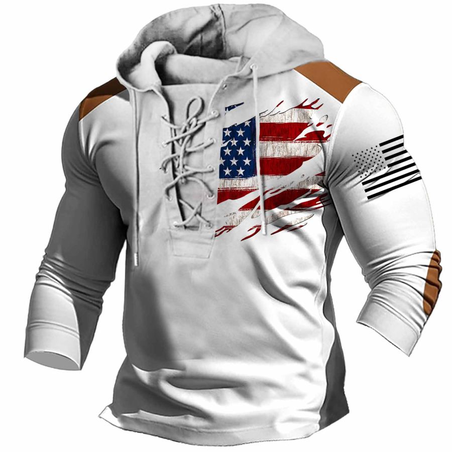 

T-shirt Da Uomo Manica Lunga Vintage Bandiera Americana Patriottica Con Lacci Con Cappuccio Colorblock Top Giornalieri All'aperto Bianco