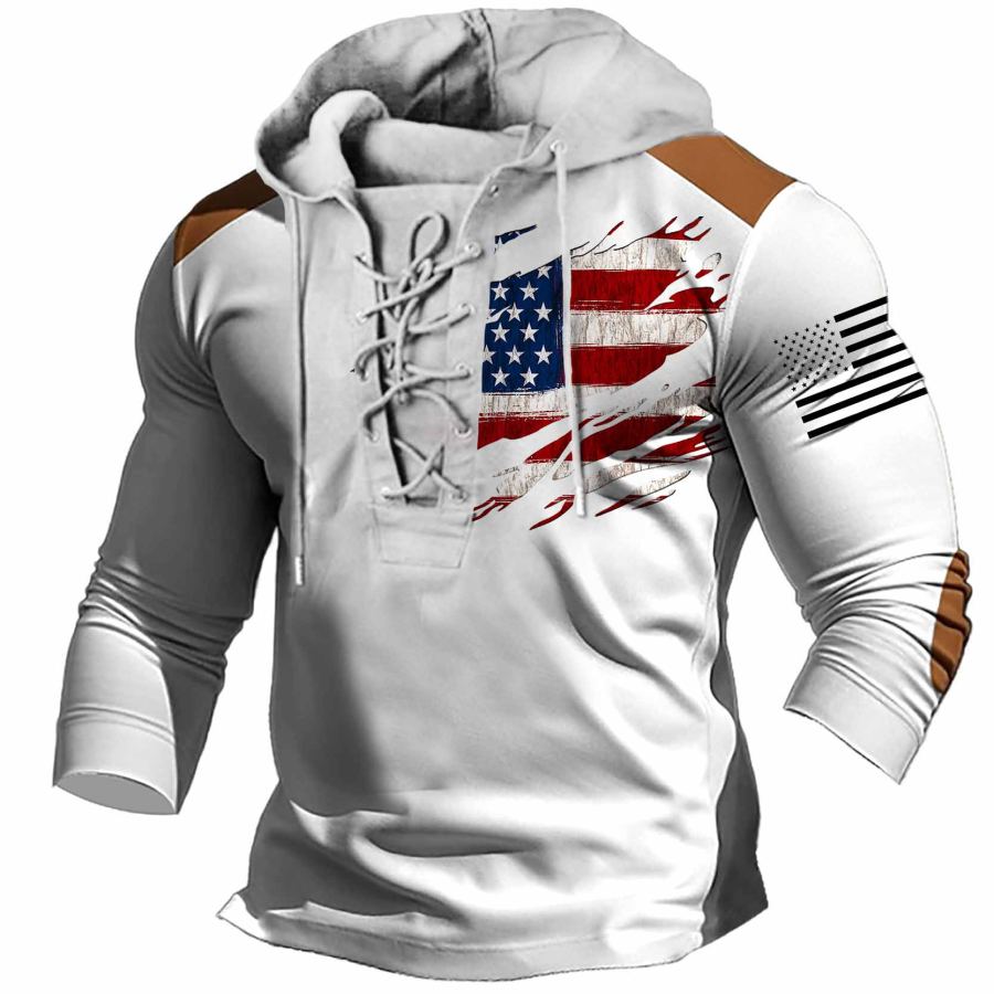 

Men's T-Shirt Long Sleeve Vintage American Flag Patriotic Lace-Up Hooded Colorblock Outdoor Daily Tops White