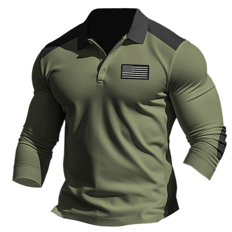 

Men's T-Shirt Polo Long Sleeve Vintage Tactical American Flag Colorblock Daily Tops Army Green