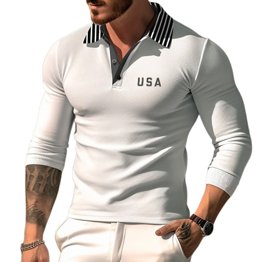 

Men's USA Button Up Polos Polo Shirt Casual Sports Lapel Long Sleeve Fashion Basic Stripes Top