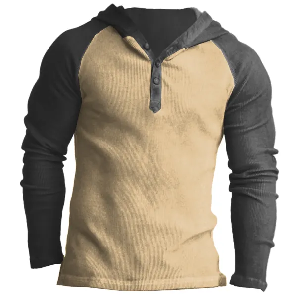 Men's Retro Colorblock Knit Henley Collar Hooded Casual Top Sweatshirt - Cotosen.com