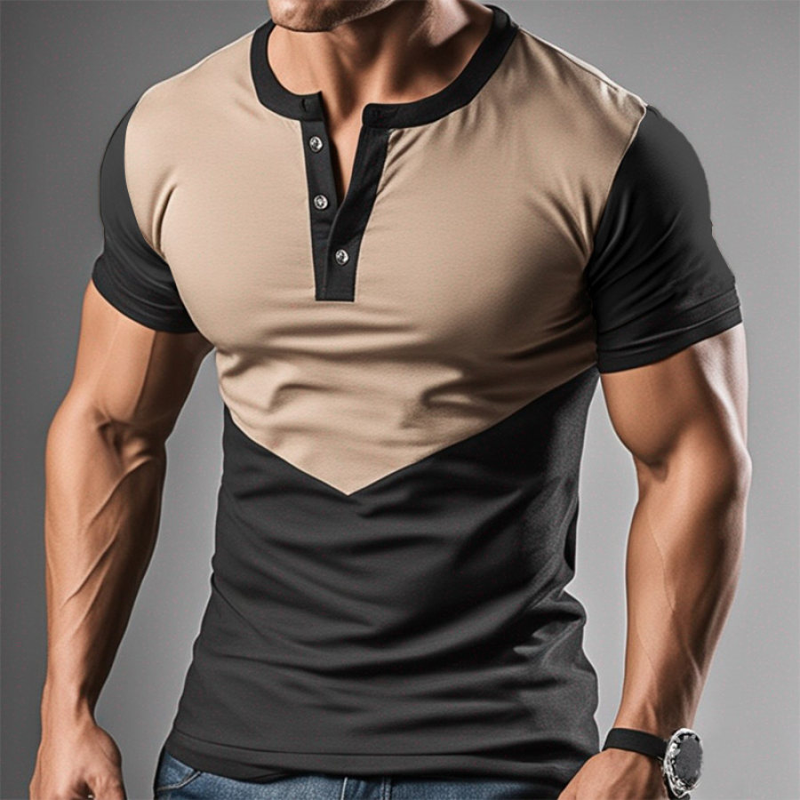 

Camiseta Masculina Henley Cor Retrô Combinando Manga Curta Casual Ao Ar Livre