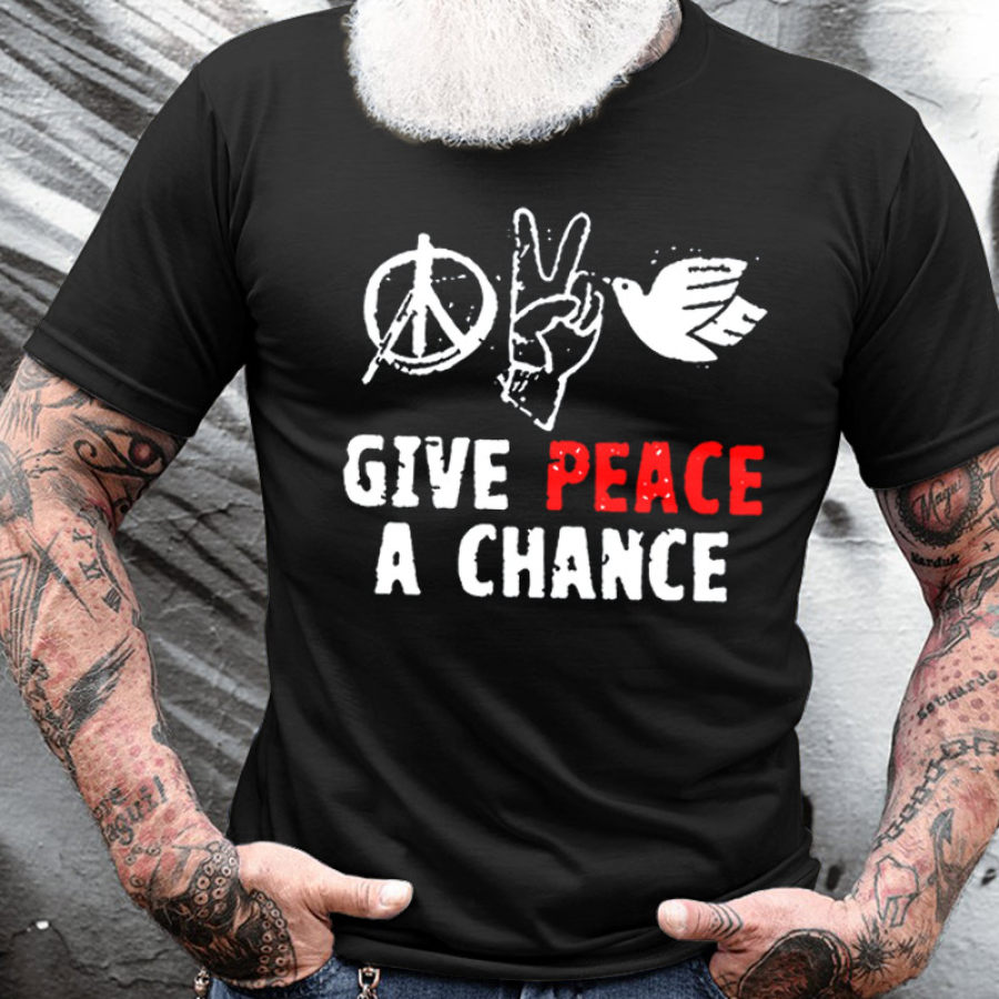 

Camiseta Masculina De Algodão Gola Redonda Manga Curta Casual Para O Dia A Dia GIVE PEACE A CHANCE
