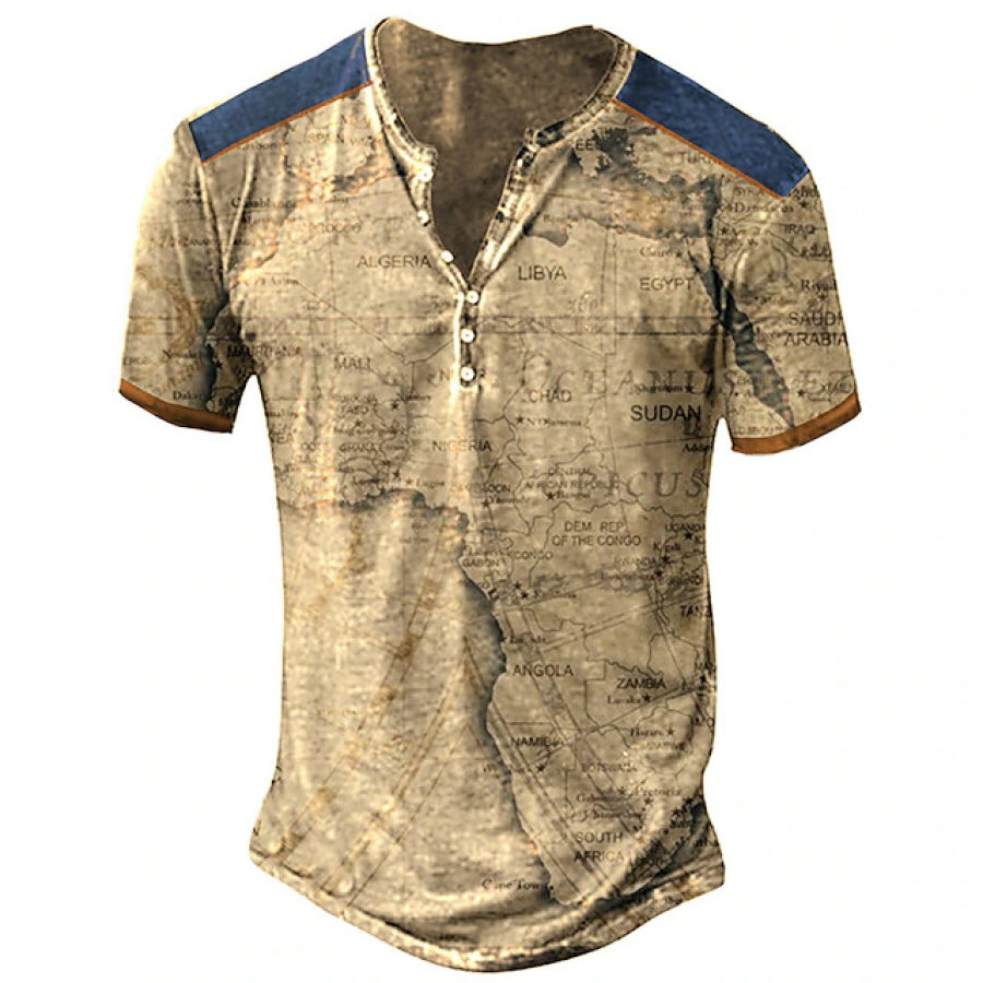 

Camiseta Masculina T-shirt Henley Henley Graphic Map Vestuário Vestuário Impressão 3D Camisa Ao Ar Livre