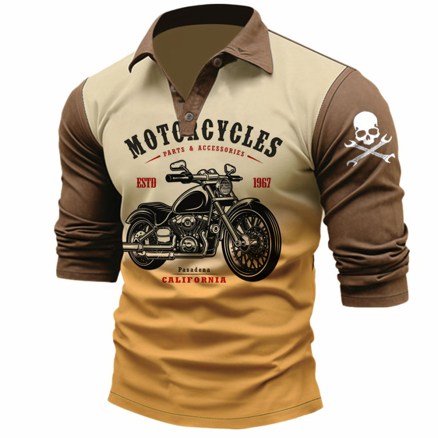 

Men's T-Shirt Polo Long Sleeve Vintage Motorcycle California Skull Gradient Colorblock Daily Tops Brown