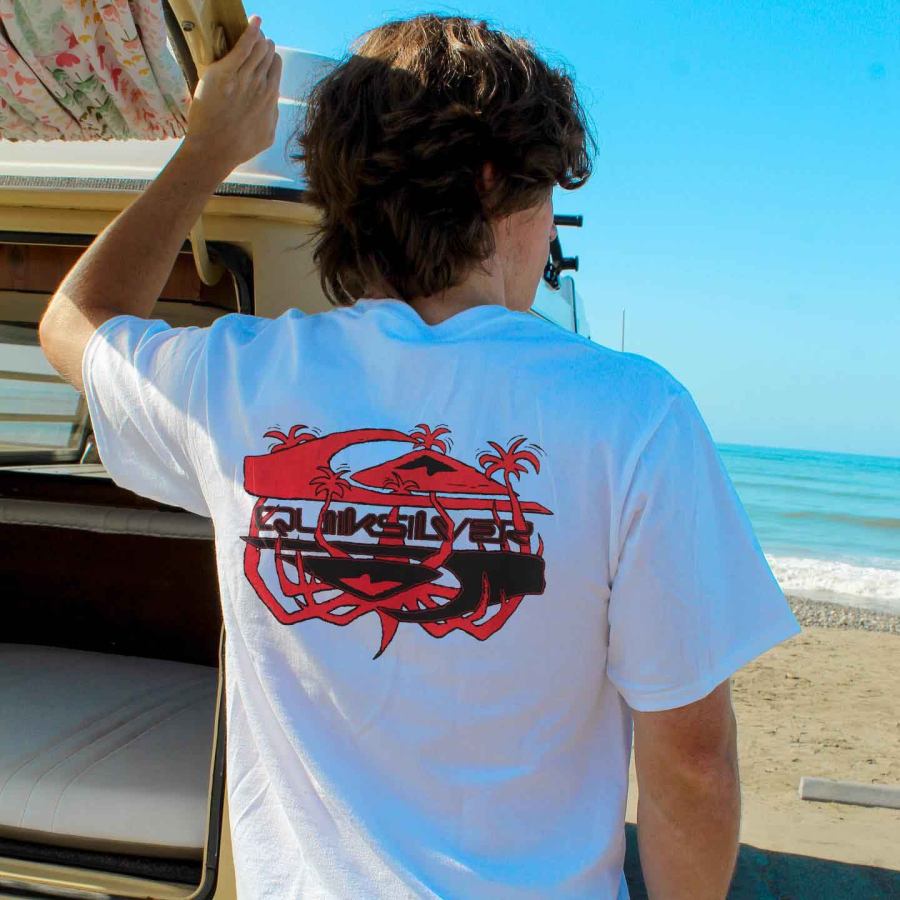 

Camiseta Masculina Vintage Surf Estampa Coco Manga Curta Ao Ar Livre Casual Verão Tops Diários Branco