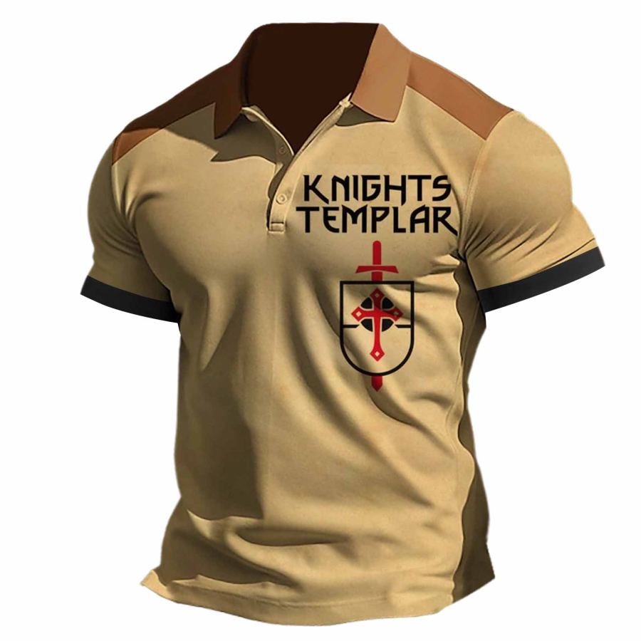 

Camiseta Masculina Pólo Vintage Templário Cross Colorblock Ao Ar Livre Manga Curta Verão Tops Diários Cáqui