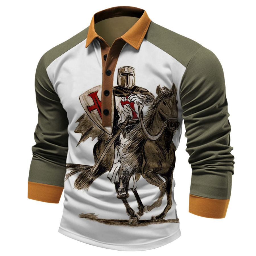 

Camiseta Masculina Polo De Manga Comprida Vintage Knights Templar Colorblock Tops Diários Verde Exército