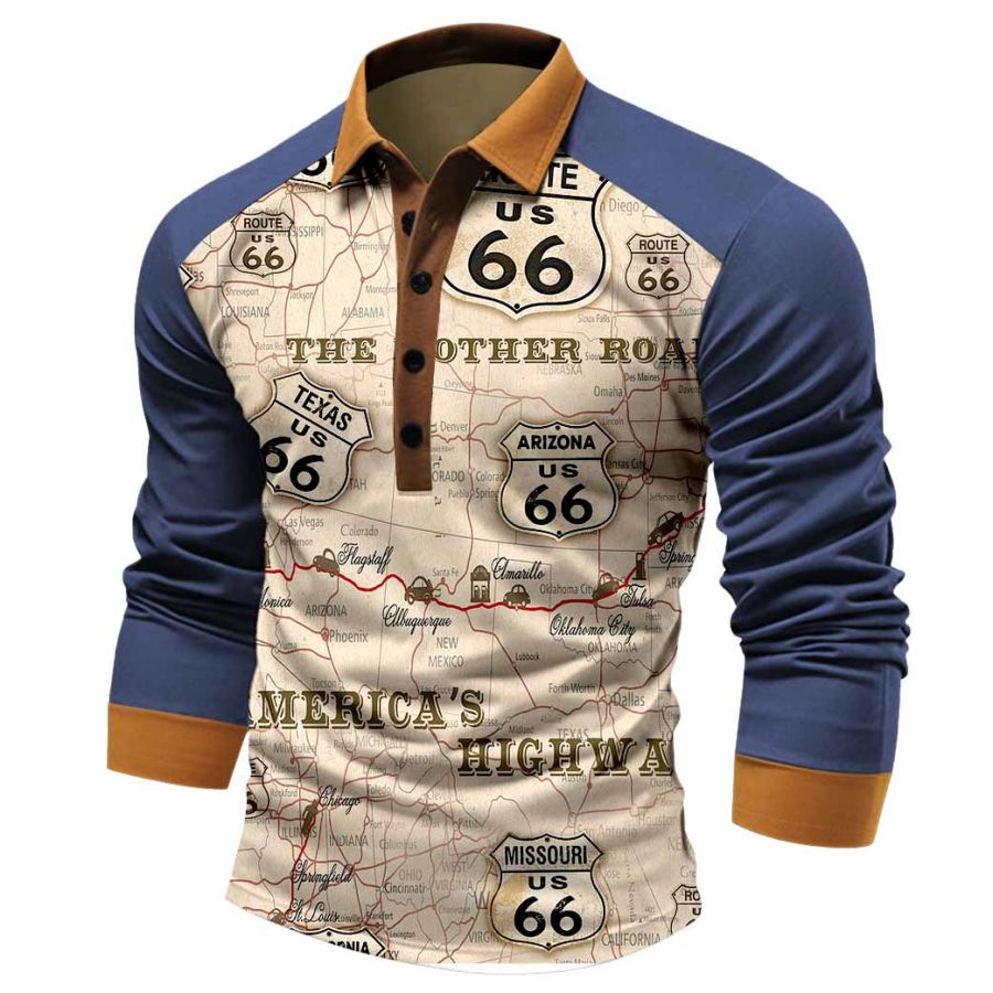 

T-Shirt Da Uomo Polo Manica Lunga Vintage Route 66 Colorblock Daily Top Blu