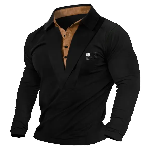 Men's American Flag Outdoor Retro Casual Shirt Collar Long Sleeve T-Shirt - Cotosen.com