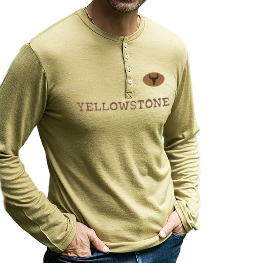 

Camiseta Masculina Henley Ao Ar Livre Vintage Com Estampa Amarela Manga Longa