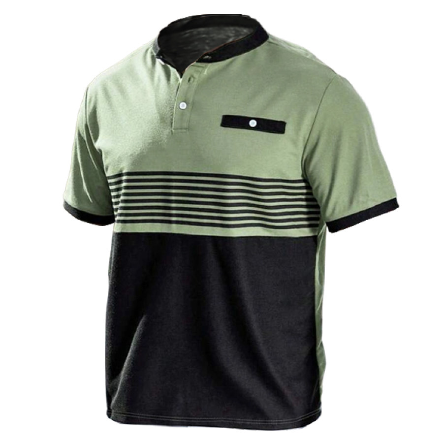 

Camisa Polo Henley Listrada Masculina Colorblock Bolso Externo Camiseta Tática De Manga Curta