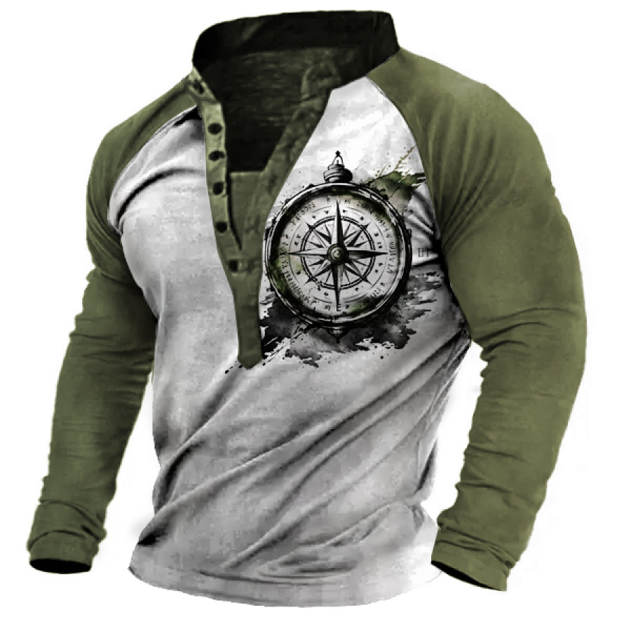 

Men Henley T-Shirt Compass Tattoo Design Print Retro Casual Shirt Collar Long Sleeve Raglan Sleeves Top