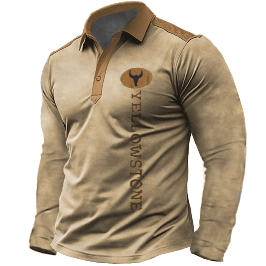 

Camiseta Masculina Vintage Western Yellowstone Com Estampa Esportiva Gola Polo Manga Longa