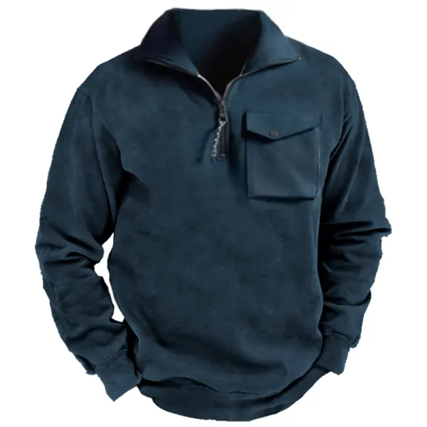 Men's Hoodie Retro Pocket Half Zipper Lapel Casual Pullover - Cotosen.com
