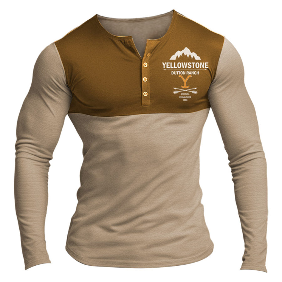 

Мужская футболка Henley Vintage West Yellowstone с принтом на пуговицах с длинным рукавом Повседневный пуловер