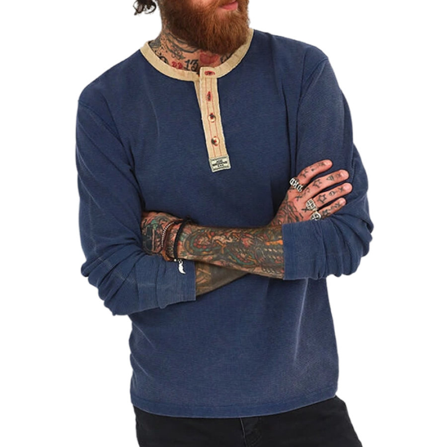 

Men's Henley T-Shirt Retro Contrast Color Long Sleeve Casual Pullover