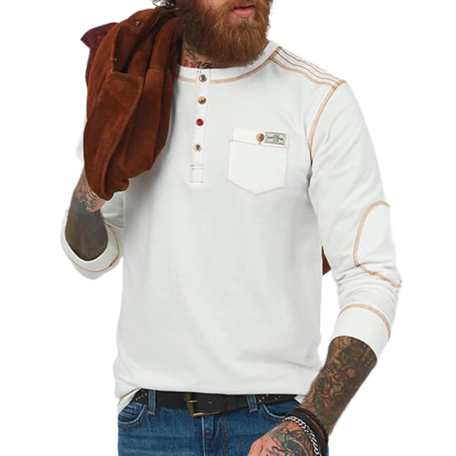 

Men's Henley T-Shirt Retro Contrast Button Long Sleeve Pocket Casual Pullover