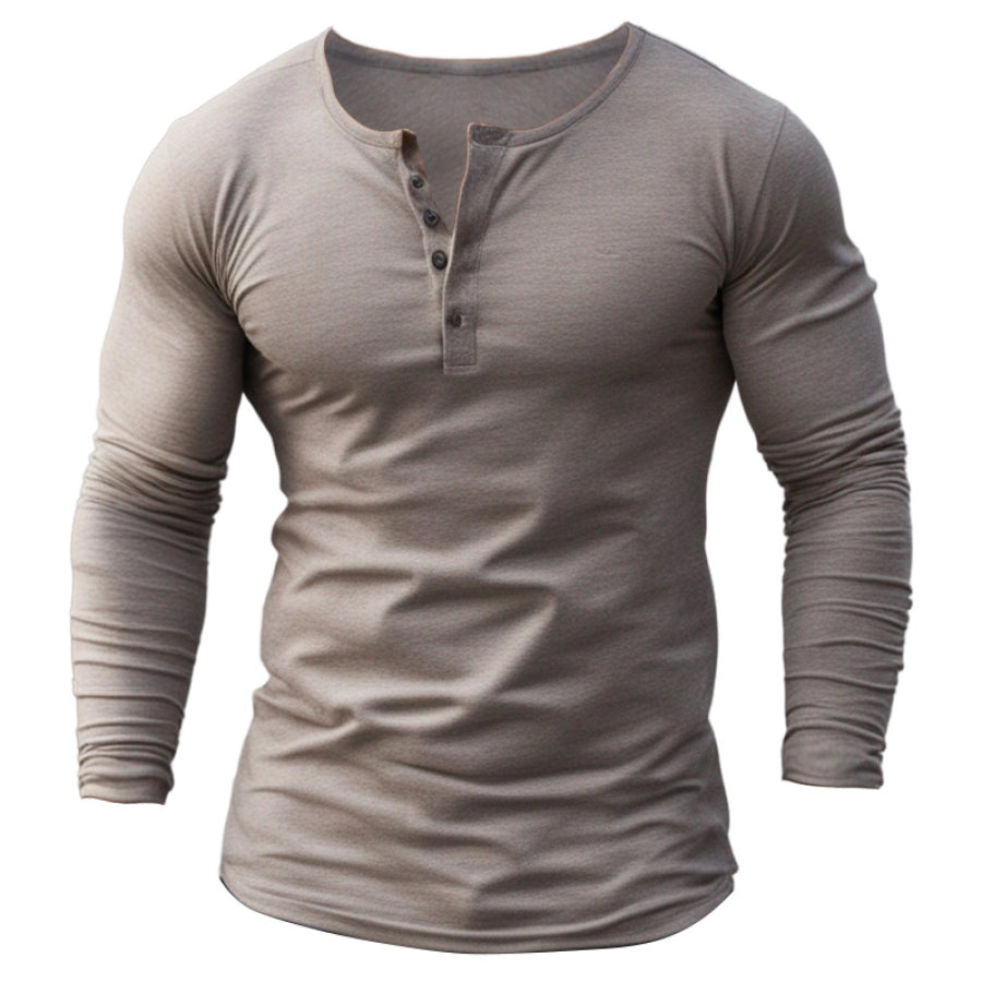 

Men's Henley T-Shirt Retro Long Sleeve Solid Color Simple Casual Pullover
