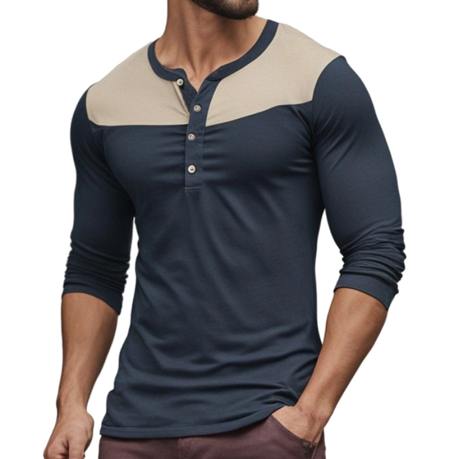 

Men's Henley T-Shirt Retro Color Block Button Long Sleeve Casual Pullover