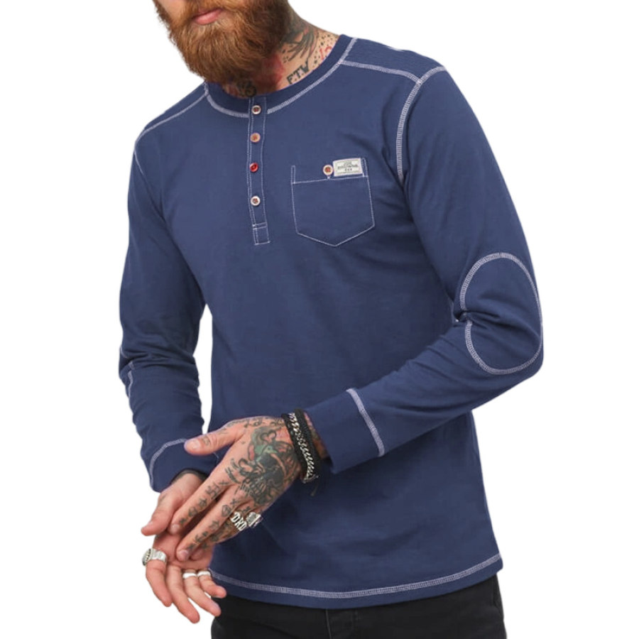 

Men's Henley T-Shirt Retro Contrast Button Long Sleeve Pocket Casual Pullover