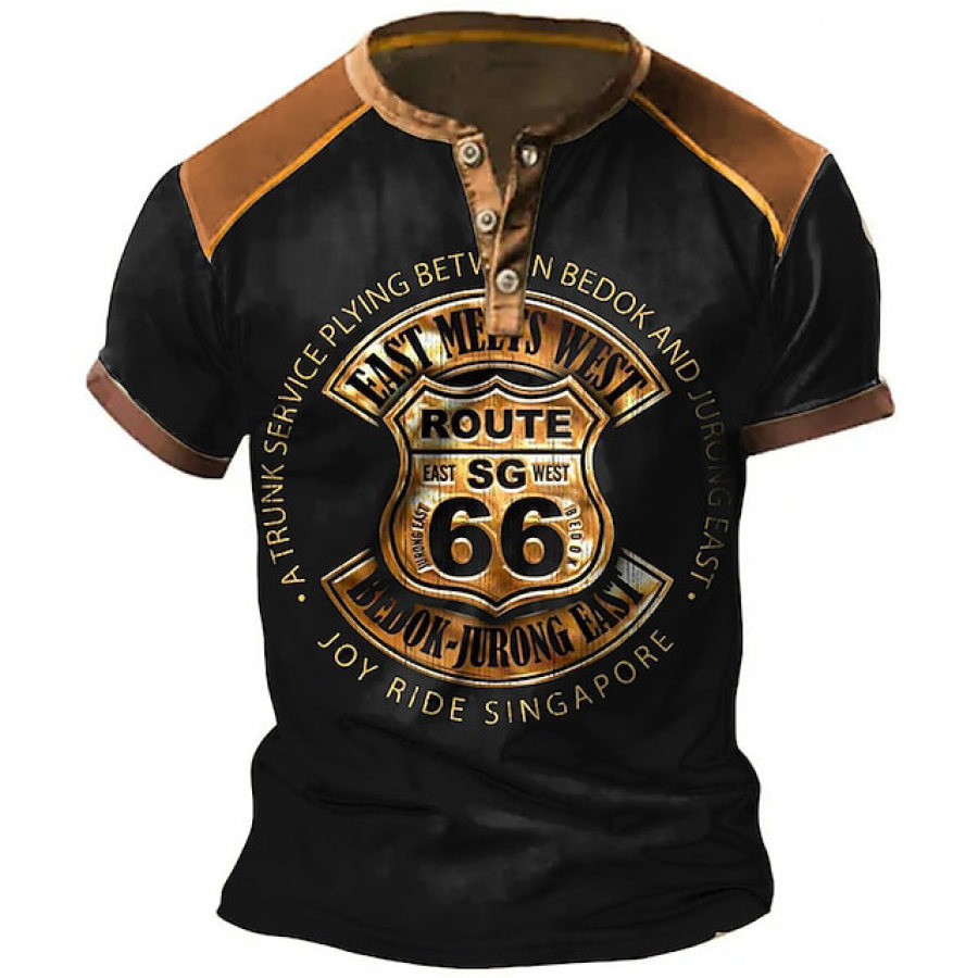 

Camiseta Masculina Vintage Route 66 Henley Colorblock Manga Curta Summer Daily Tops Preto