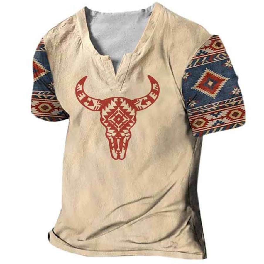 

Camiseta Masculina Com Decote Em V Vintage Ocidental Caveira De Vaca Estampa Asteca Tops Diários De Verão Claro Caqui