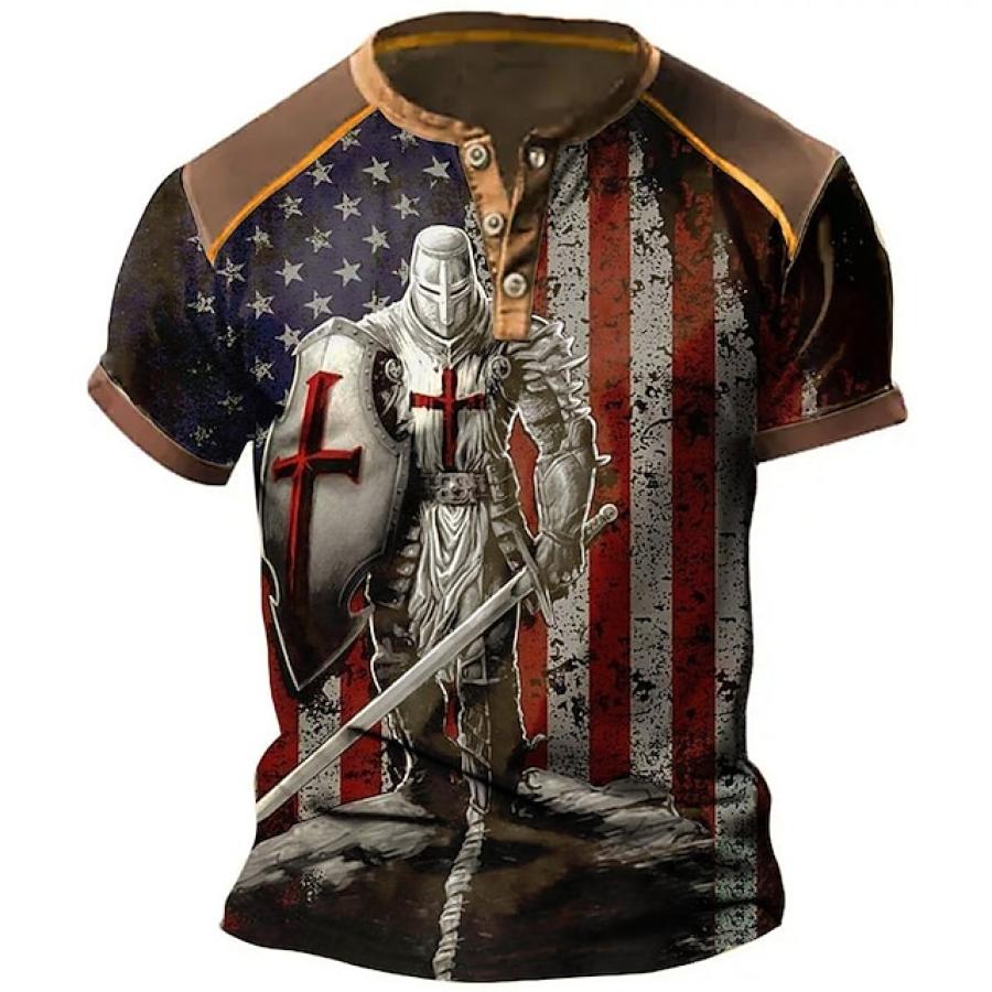 

Men's T-Shirt Vintage American Flag Templar Henley Colorblock Short Sleeve Summer Daily Tops