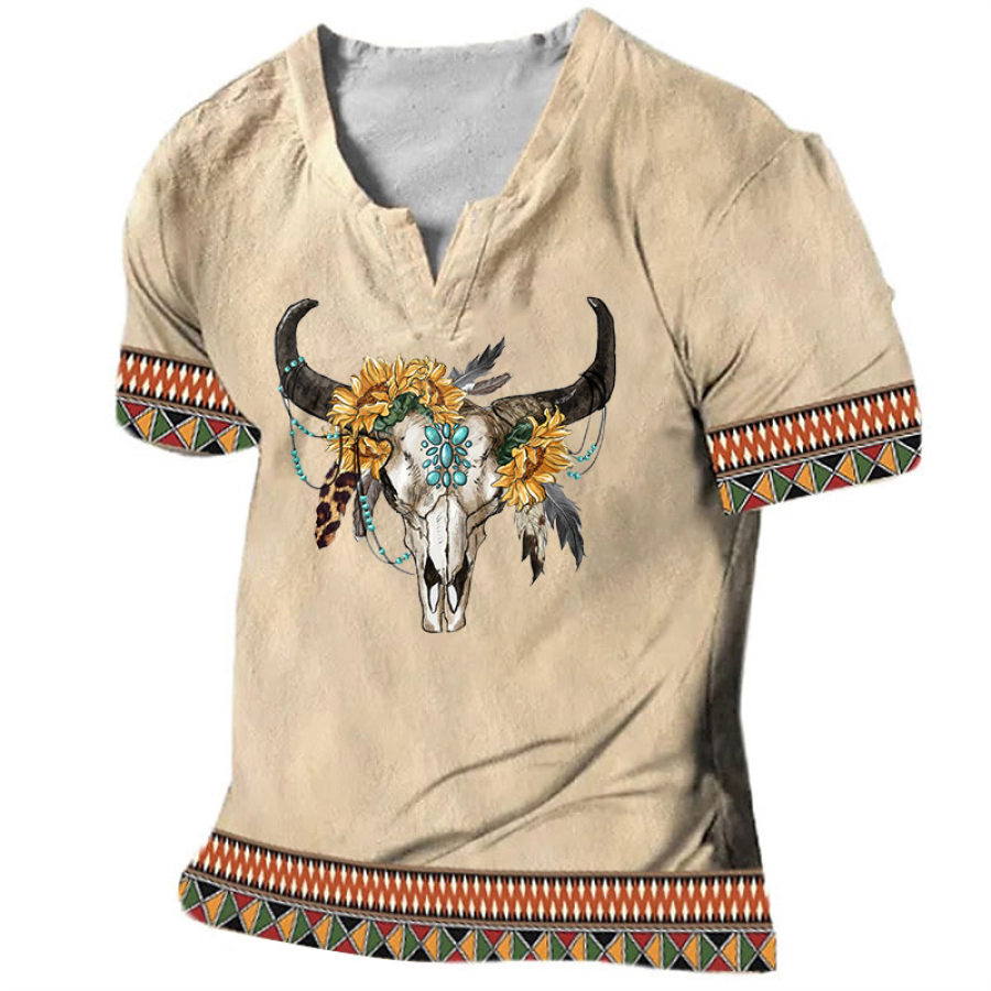 

Мужская футболка с V-образным вырезом Винтаж Вестерн Подсолнечник Богемный череп быка Ацтекский принт Лето Повседневные Топы Светло-хаки