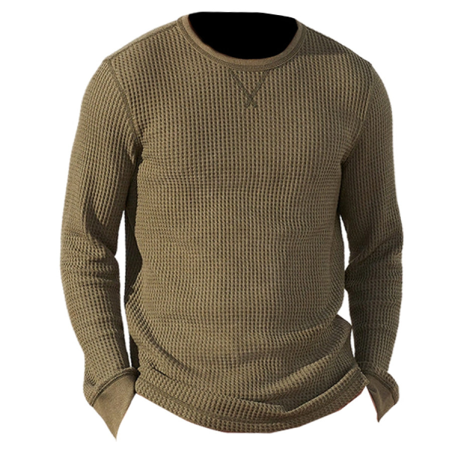 

Men Vintage Waffle Crewneck Tee Outdoor Retro Casual Daily Long Sleeve T-Shirt Top
