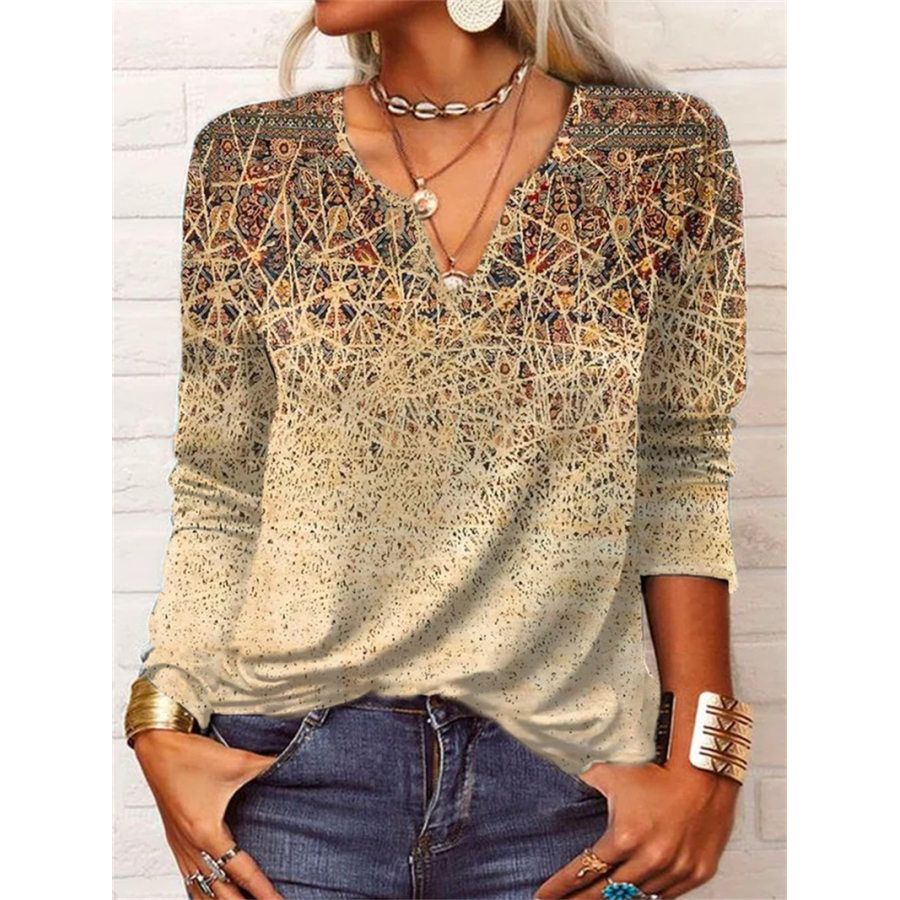 

Retro Rough Geometric Printed Long Sleeve V-neck T-shirt