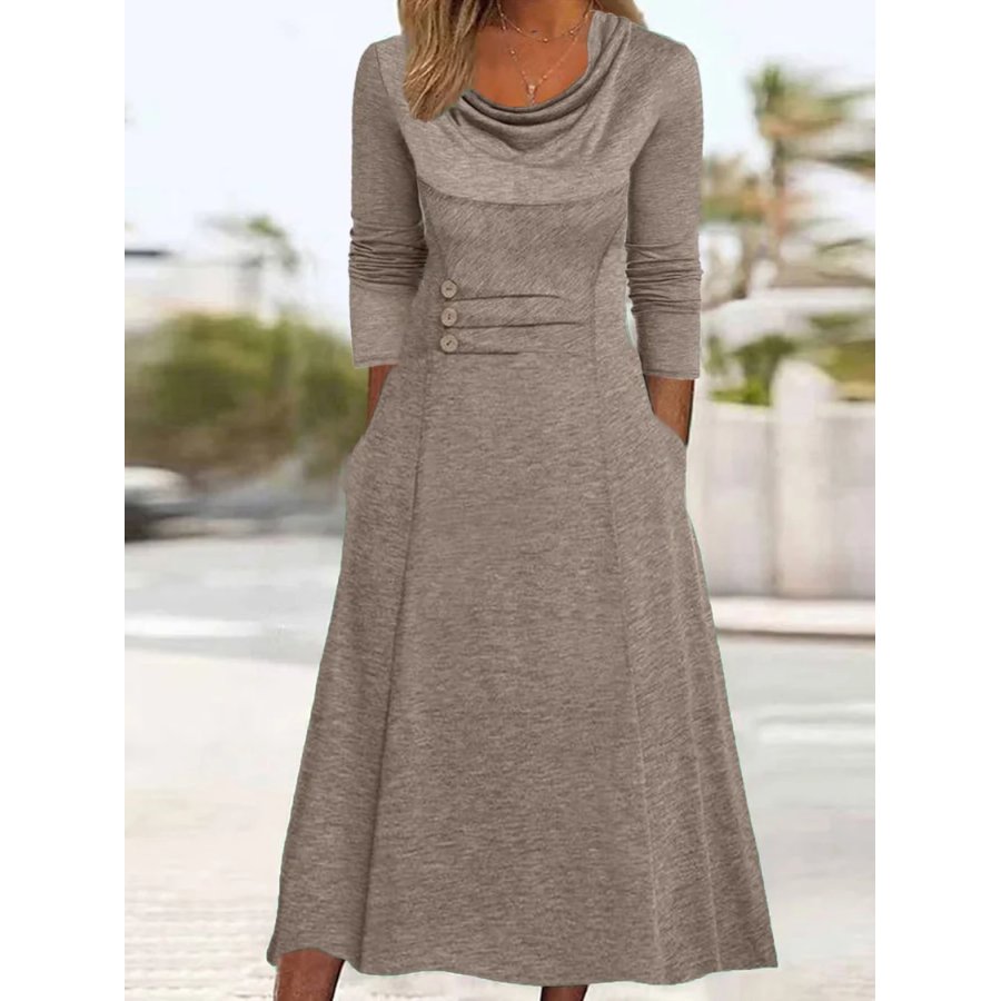 

Round Neck Waist Button Pocket Solid Color Midi Dress