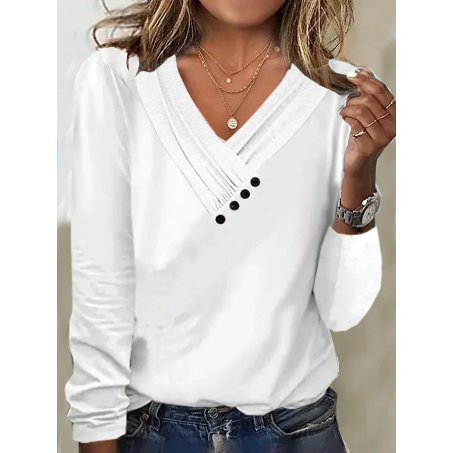 

Solid Color V-neck Embellishment Button T-shirt