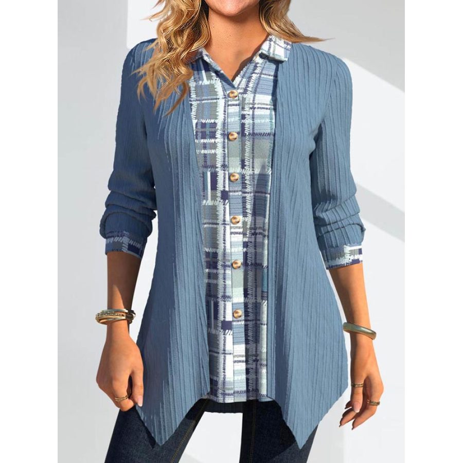 

Fake 2in1 Plaid Light Green Shirt Collar Knitted T-shirt