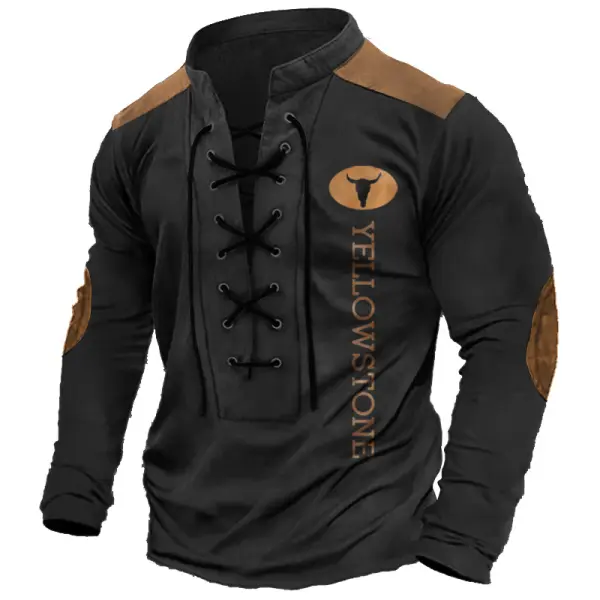Men's T-Shirt Long Sleeve Lace-Up Stand Collar Vintage Yellowstone Colorblock Outdoor Daily Tops Black - Cotosen.com