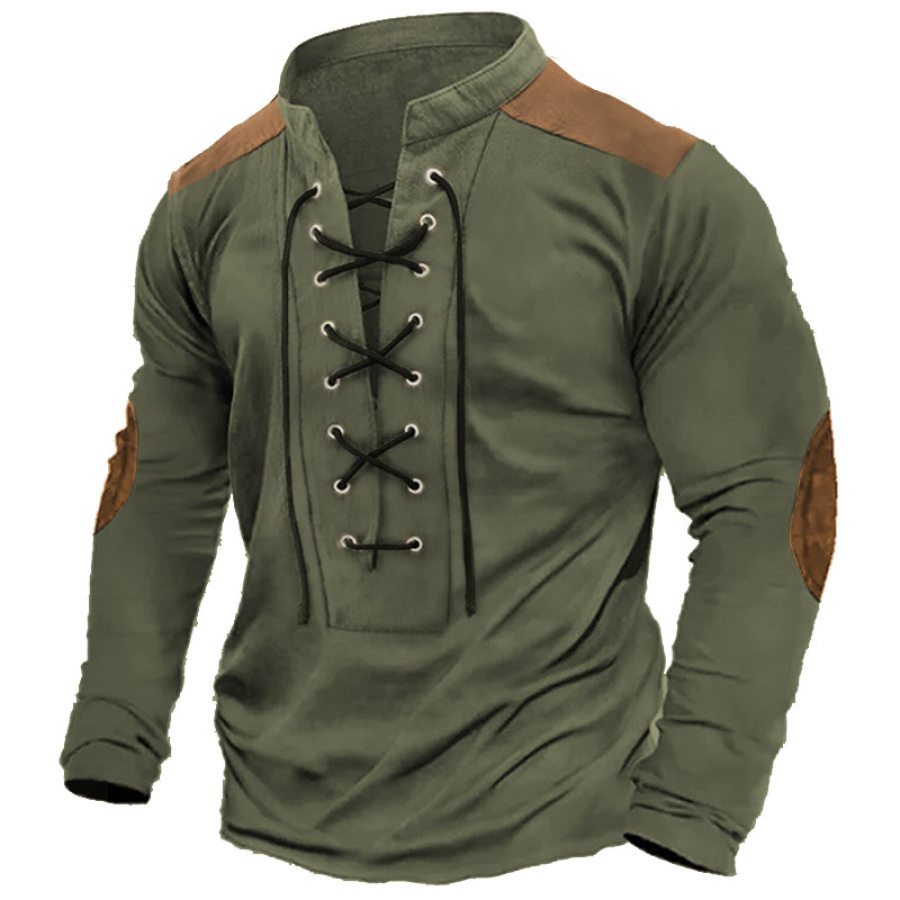 

Men's T-Shirt Long Sleeve Lace-Up Stand Collar Vintage Tactical Colorblock Outdoor Daily Tops Army Green