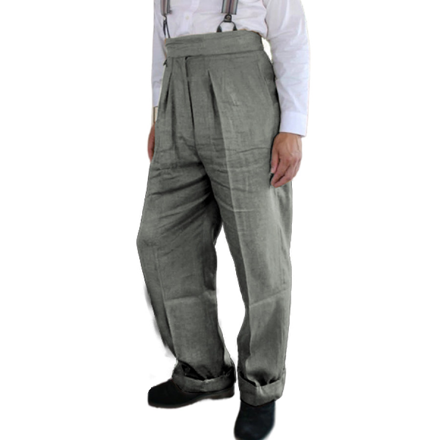 

Men Linen Fishtail Trousers Outdoor 40s Style Vintage Fishtail Buckle Back Trousers