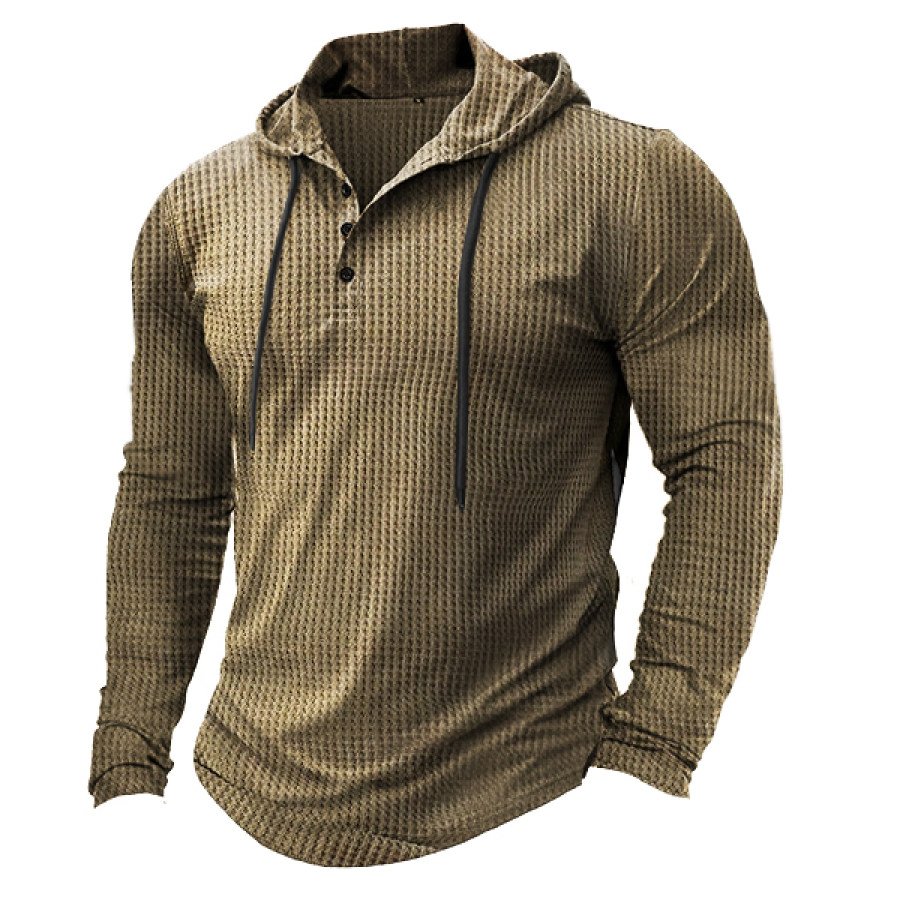 

T-shirt A Maniche Lunghe Casual Tattica Da Esterno Con Cappuccio Da Uomo Waffle Henley