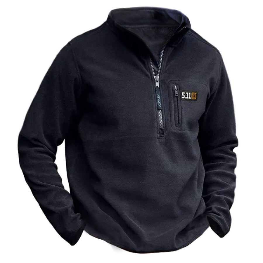 

Men's Fleece Half Zip Pullover Outdoor 511 1/4 Zipper Stand Collar Zipper Pocket Black Tactical Sweatshirt